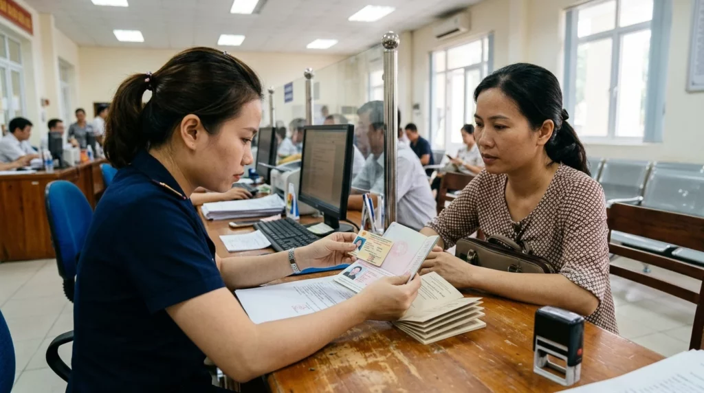 Người dân đối chiếu giấy phép tại quầy dịch vụ công