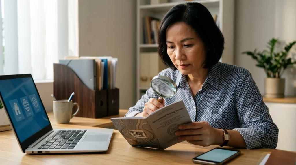 Người dùng kiểm tra giấy phép bằng kính lúp và máy tính