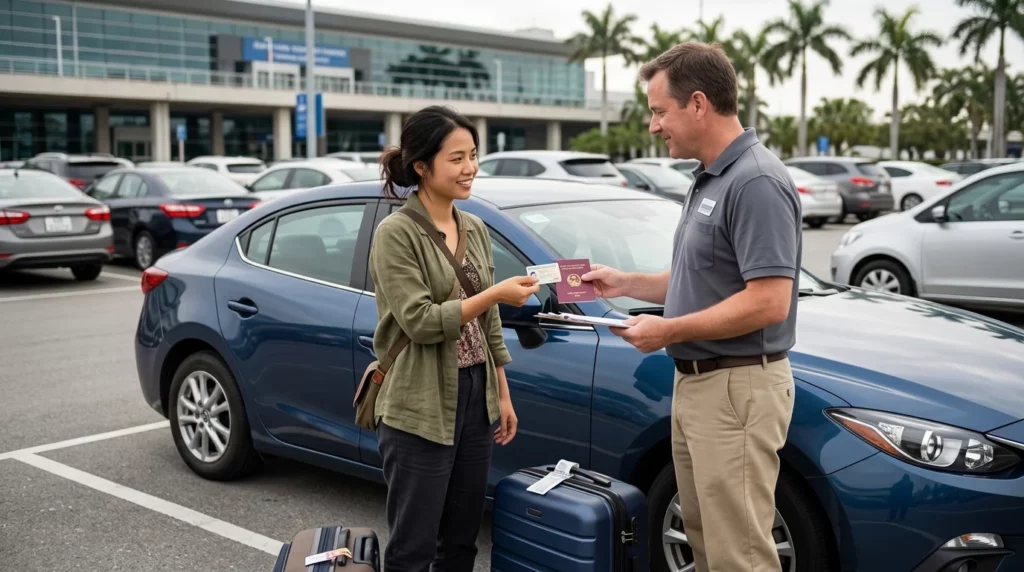 Du khách cầm hai giấy phép cạnh xe thuê ở nước ngoài