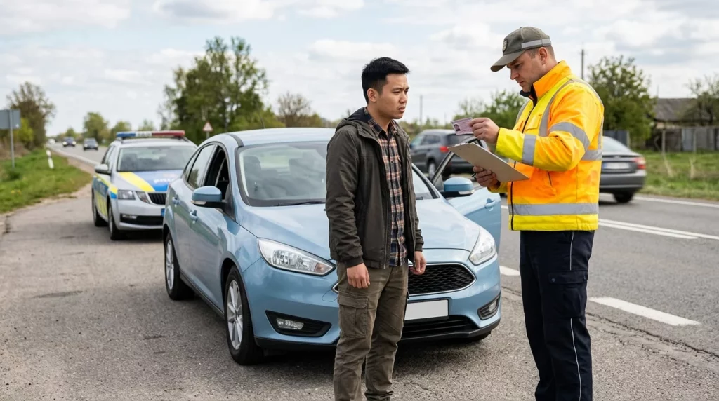 Cảnh sát nước ngoài kiểm tra giấy phép bên đường